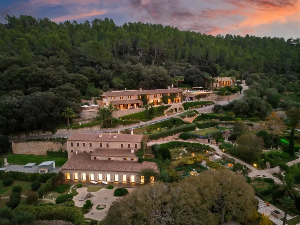 Aerial view of Almond Valley mega estate in Pollença Mallorca with vineyard and gardens