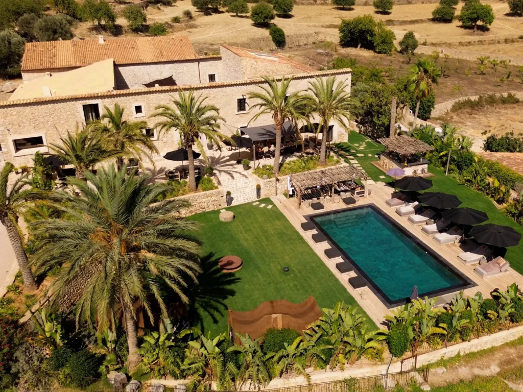 Aerial view of Spirit of Son Fuster luxury estate in Alaró Mallorca near the Serra de Tramuntana