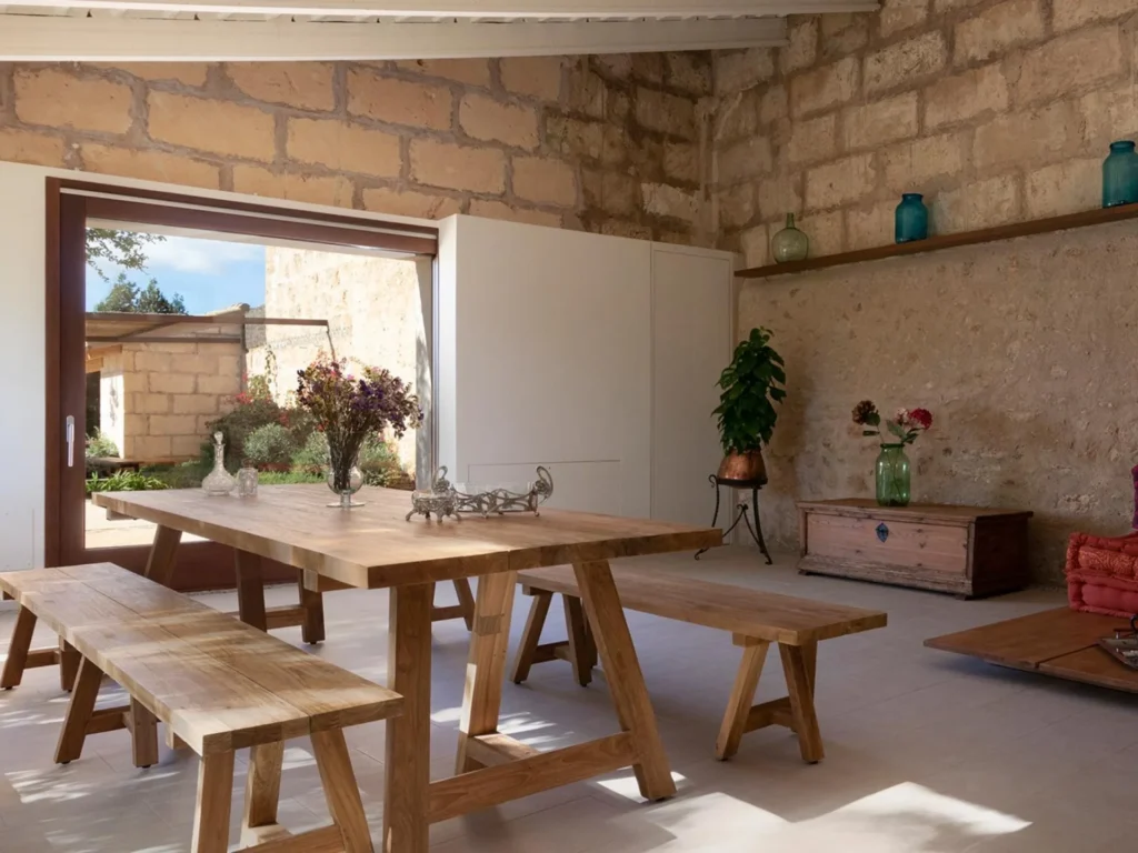 Rustic dining room with wooden table and natural stone walls at Cas Padrins Villa in Consell Mallorca