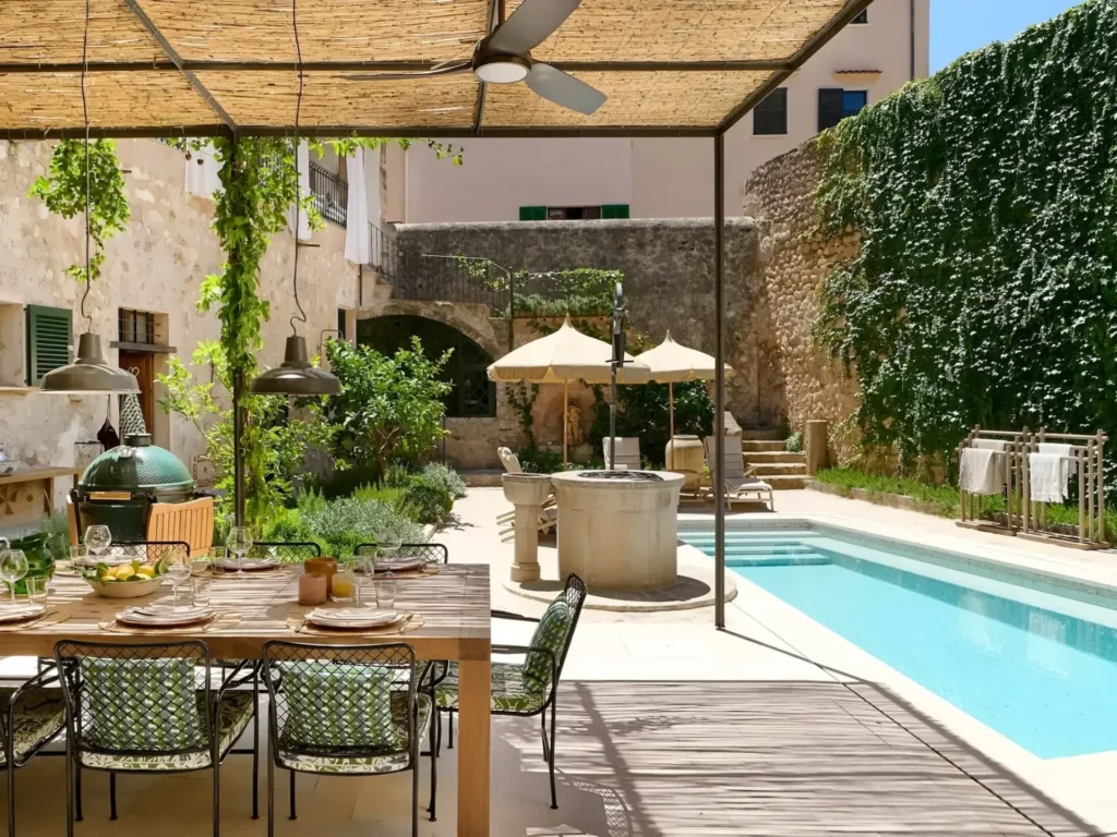 Pool terrace and barbecue area at Can Frontera in Sóller Mallorca
