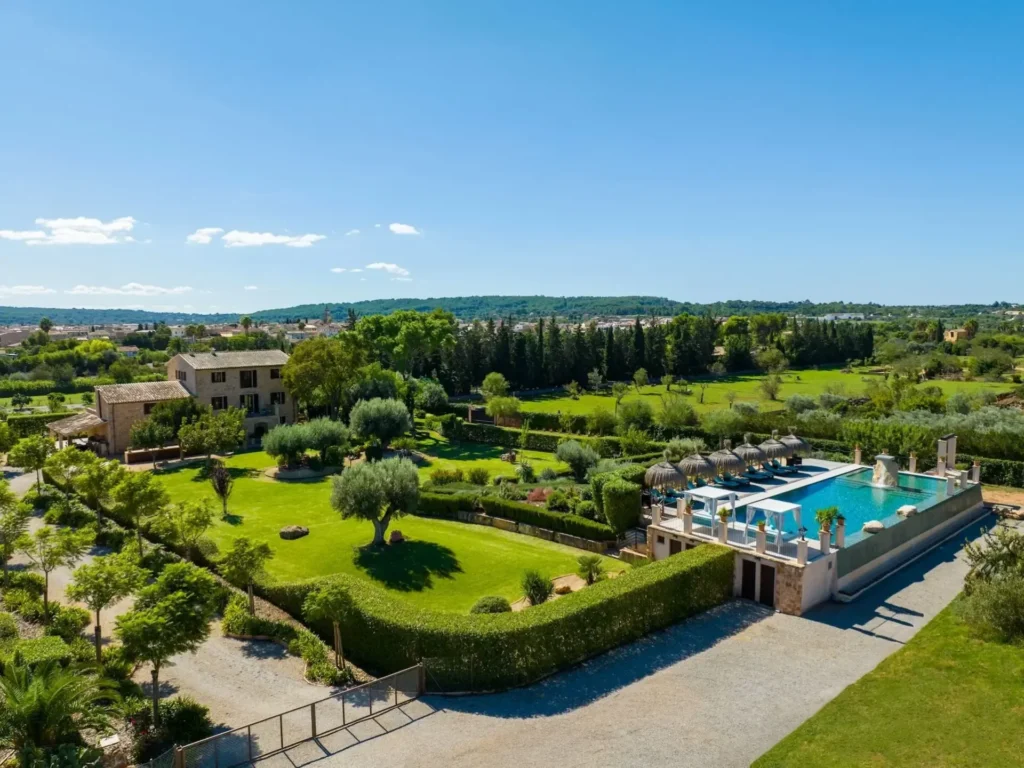 Aerial view of Cas Metge Matas luxury Mallorca villa with private infinity-style pool and 8000m2 gardens