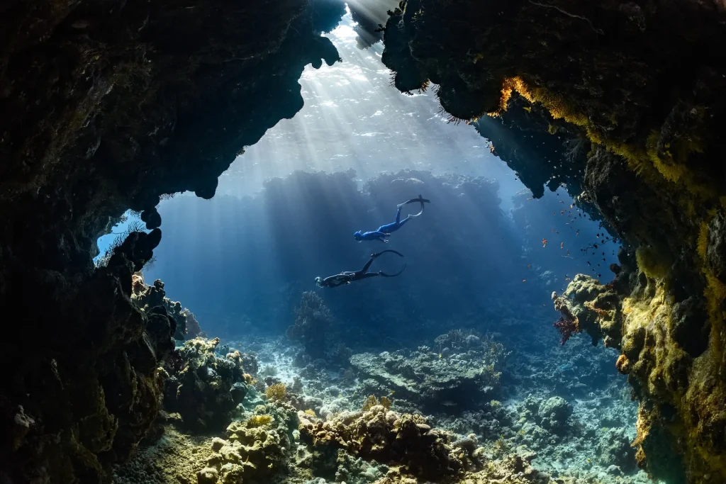 Underwater rock formations and reefs during a private dive in Mallorca