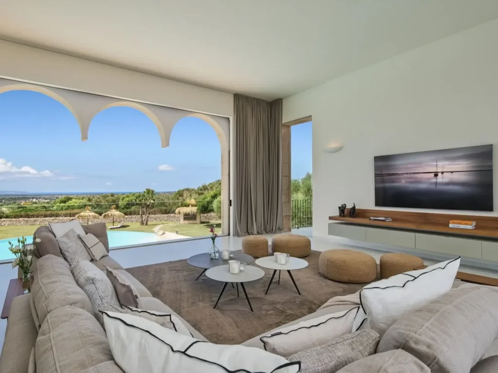Bright living room interior at Eden Roc villa in Es Trenc Mallorca