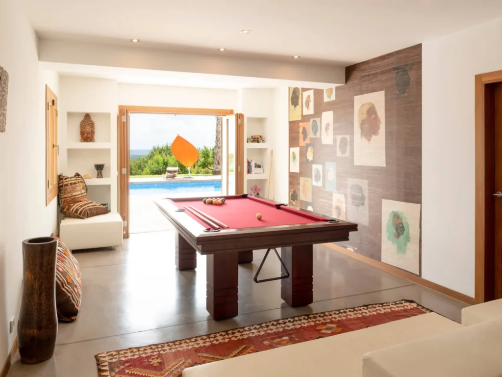 Games room with billiards table at Villa Dalt luxury villa in Inca Mallorca